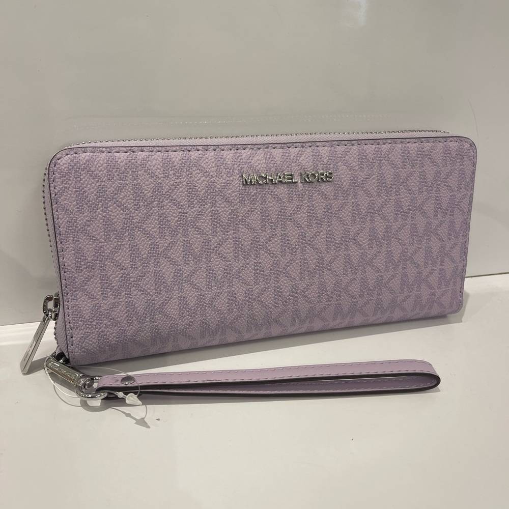 MICHAEL KORS Jet Set Large Signature Logo Continental Wallet Wristlet Lt Quartz - Picture 14 of 16
